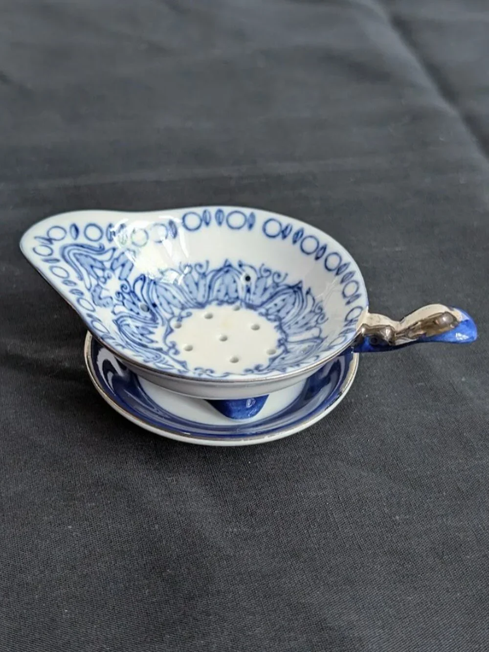 Vintage Bombay Company Blue & White Porcelain Tea Strainer with Drip Bowl